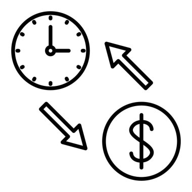 Zaman Para Simgesi, Basit Siyah ve Beyaz Vektör İllüstrasyonu