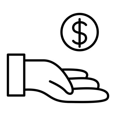 Madeni Para Simgesi ile El, Basit Siyah ve Beyaz Vektör İllüstrasyonu