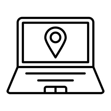 Laptop Harita Simgesi, Basit Siyah ve Beyaz Vektör İllüstrasyonu