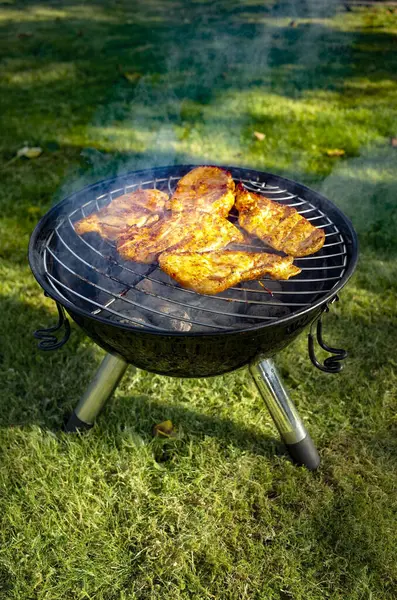 stock image Small compact grill in the garden with chicken breast and light smoke