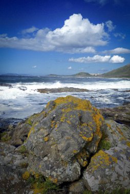 Atlantic coast on the Rias Baixas in Galicia , Spain. Famous lighthouse of Larino near carnota clipart