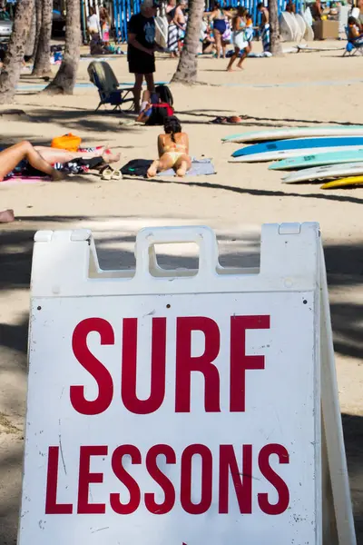 stock image Waikiki, Oahu, Honolulu, Hawaii, USA. Surf lessons sign on Waikiki Beach.June 17, 202