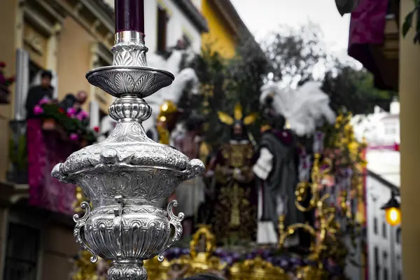 stock image Malaga, Andalusia, Spain. Parade of the brotherhood RESCATE for Semana Santa in the Calle Agua in Malaga. March 26st 2024