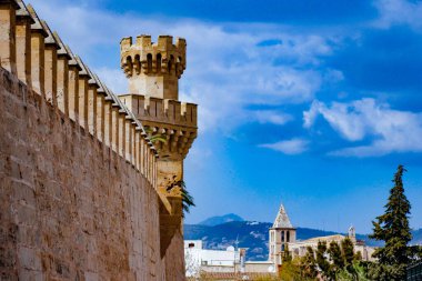 Mallorca, İspanya. La Almudaina Kraliyet Sarayı 'nın mimarisi. 24 Mart 2016