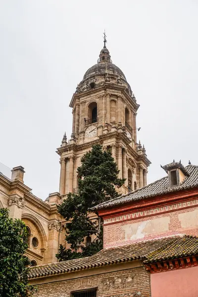 Malaga, Endülüs, Costa de Sol, İspanya. Malaga City 'den şehir manzarası. Katedral kulesinin detayları. 7 Mart 202