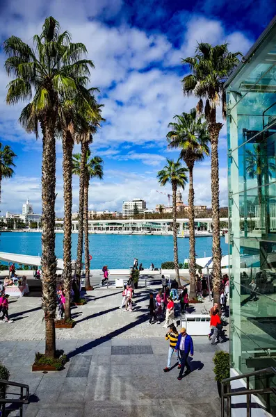 Malaga, Endülüs, Costa del Sol, İspanya. Liman bölgesindeki MUELLE UNO 'da market tezgahları olan bir sokak manzarası. 16 Mart 2025