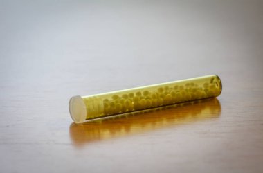 Şeffaf cam tüplerde homeopatik hapların fotoğrafı.