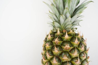 Beyaz arka planda izole edilmiş tek bir ananasın stüdyo çekimi. Gıda, sağlık, tropikal meyve ve metin veya tasarım için alanı olan reklam kavramları için temiz ürün imajı