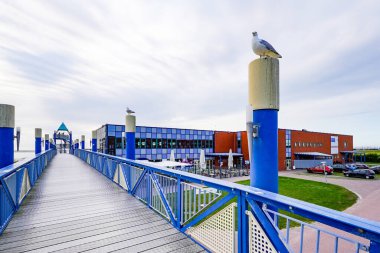 Norddeich, Almanya. 14 Temmuz 2025. Martılar Norddeich 'teki Haus des Gastes köprüsünün sütunlarına tünediler. Doğu Frizya, Almanya' da tipik bir kıyı anını yakaladılar.