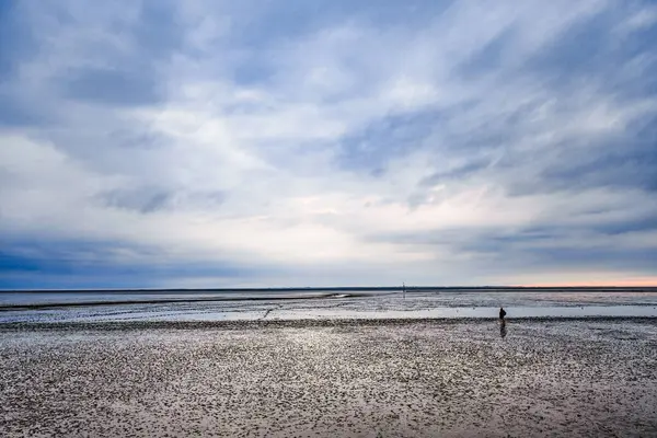 Norddeich, Almanya. 14 Temmuz 2025. Günbatımında Norddeich 'teki modern gezinti güvertesi, Wadden Denizi' nin gelgit sırasında gelgit düzlüklerine bakıyor. Huzurlu sahil güzelliği sessiz tasarımla buluşur