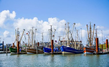 Norddeich, Almanya. 16 Temmuz 2025. Geleneksel balıkçı tekneleriyle tarihi liman. Doğu Frizya deniz mirası ve sahil cazibesini yansıtan (tanınabilir isimler dijital olarak kaldırıldı)
