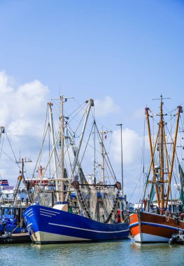 Norddeich, Almanya. 16 Temmuz 2025. Geleneksel balıkçı tekneleriyle tarihi liman. Doğu Frizya deniz mirası ve sahil cazibesini yansıtan (tanınabilir isimler dijital olarak kaldırıldı)