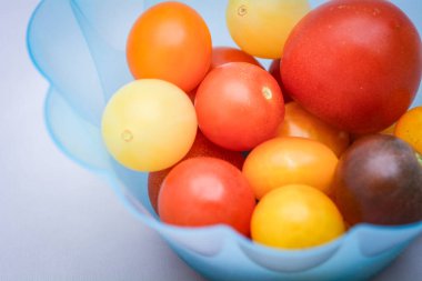 Beyaz arka planda çoklu canlı domateslerin stüdyo çekimi. Sağlıklı beslenmeyi, Akdeniz mutfağını ya da taze organik ürünleri göstermek için mükemmel.