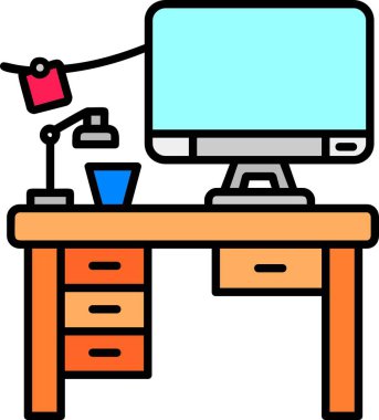 Bilgisayarda bilgisayar simgesine sahip masa - izleyici - vektör