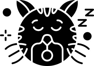 Ay ve uyku maskesiyle uyuyan kedi yüzünün vektör çizimi, çocuklar için şirin karalama sanatı, bebek partisi, bebek odası tasarımı. El çizimi karalama