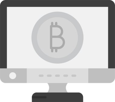 Bilgisayar monitörü ve bitcoin simgesi. Bilgisayar teknolojisi ve internet teması. Yalnız tasarım. vektör illüstrasyonu