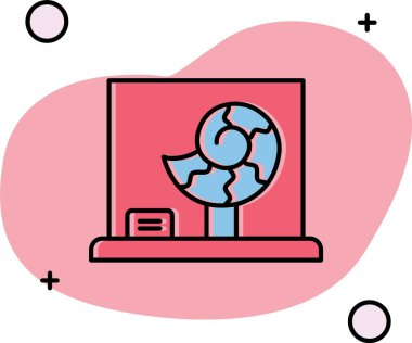 Bilgisayar monitörü ve dünya ikonu. İnternet ve teknoloji kavramı. vektör