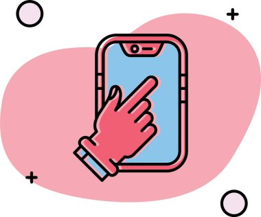 Kalp şekli vektör çizimi olan cep telefonu kullanan el