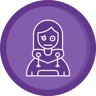 Güzel bir kadın, mor gözlü, uzun saçlı, maskeli ve eşarplı.