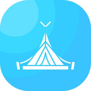 Beyaz çizgi çadır simgesi uzun gölge arkaplan izole. kamp sembolü. Lunapark. Mavi kare düğme. vektör illüstrasyonu