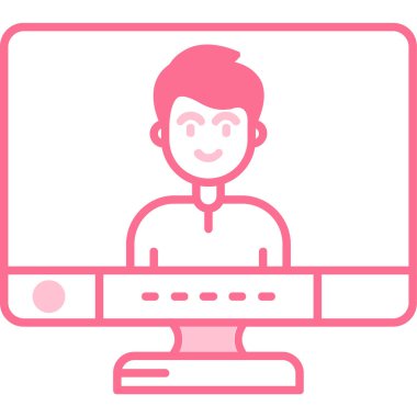 Dizüstü bilgisayarda gülümseyen bir adamın vektör çizimi. Bilgisayarı olan bir adam. Uzak ofis kavramı..