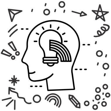 Çizgi roman tarzında dişli ikonu olan kafa. Beyaz arka planda beyin fikri vektör karikatürü çizimi. İnsan sıçrama etkisi iş konsepti.