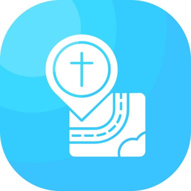 Beyaz çizgi Hıristiyan kilise çanı ikonu uzun gölge arkaplan izole. Hıristiyan haçı. Mavi kare düğme. vektör.