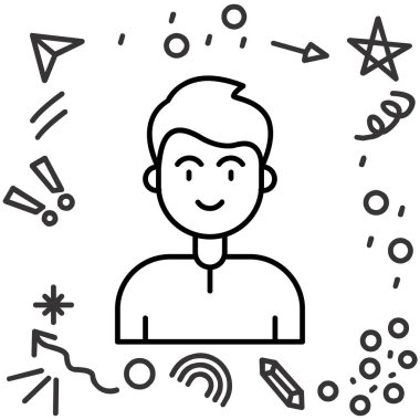 Beyaz arka planda izole edilmiş uydu antenli bir çizgi adamı. Uydu anteni. Renkli taslak konsepti. vektör illüstrasyonu