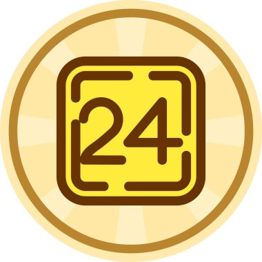24 saat işareti. Vektör. Işıklı altın simge. Çemberin arka planında siyah etiket. Beyaz arka plan. izole.