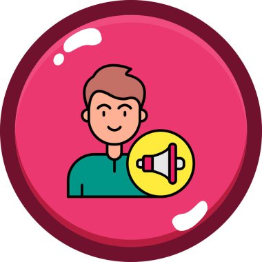 Elinde megafon ve konuşma balonu ikonu olan adam.