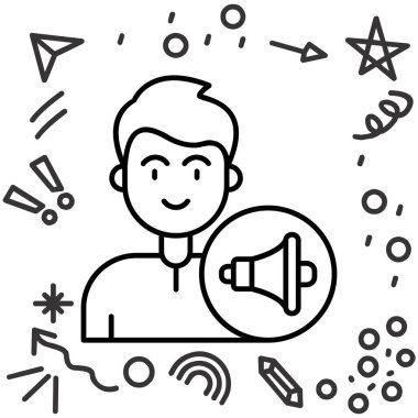 Beyaz arka planda izole edilmiş megafon ikonlu çizgi adamı. Megafon. Renkli taslak konsepti. vektör.