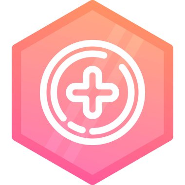 Uzun gölgeli beyaz çizgi ilaç veya tablet ikonu. Hap ve uyuşturucu işareti. Eczane sembolü. Pembe altıgen düğmesi. vektör