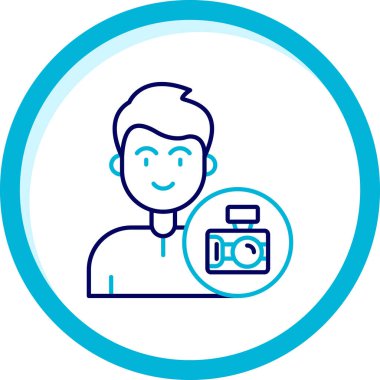 Beyaz arka planda izole edilmiş kamera ikonu olan çizgi adamı. Renkli taslak konsepti. vektör.