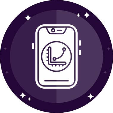 Uzun arkaplanda beyaz çizgi akıllı saat ve mobil uygulama simgesi izole edildi. İnternet izleme konsepti. mor daire düğmesi. vektör.