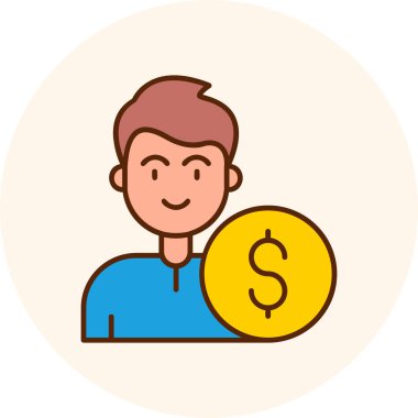 Dolar madeni para ikonu olan adam, vektör illüstrasyonu