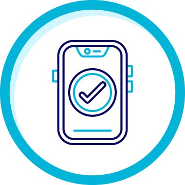 Beyaz arkaplanda el izi olan mavi akıllı telefon. Onaylı telefon. İşaretle işaretle. Rastgele noktaları daire içine al. vektör