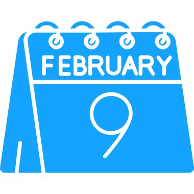 9 Şubat. Takvim simgesi olan düz takvim biçimi. Tarih ve gün, mavi. Takvim. Düz stil. Beyaz arkaplanda vektör.