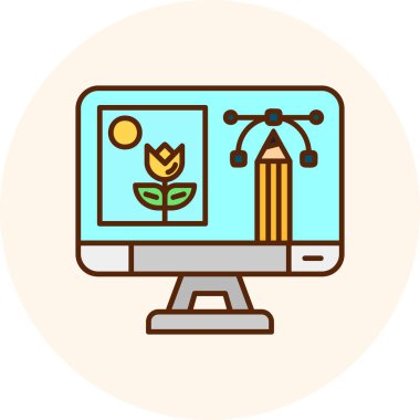 Çömlek vektörü düz renk simgesinde bitki resmi olan dizüstü bilgisayar