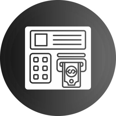 ATM vektör simgesi. biçim düz grafik sembolü, siyah renk, yuvarlak arkaplan.