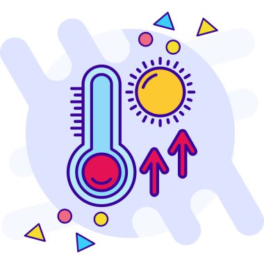 Komik bir termometre simgesi. Beyaz arkaplanda termometre vektör karikatür çizimi. Sıcaklık sıçrama etkisi iş konsepti.