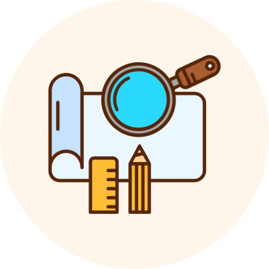 Kalem ve kamera vektör illüstrasyonlu büyüteç