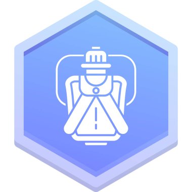 Uzun gölgeli beyaz çizgi kamp ikonu. Yürüyüş için sırt çantası taşıyorum. Macera için seyahat ve turizm. Altıgen düğmesi. vektör illüstrasyonu