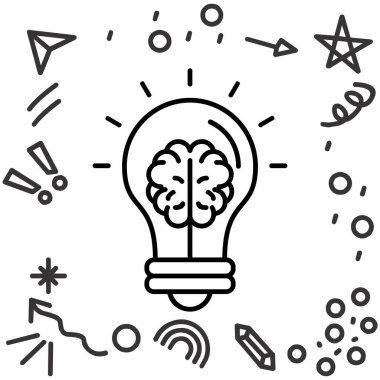 Beyin simgesine sahip ampul, çizgi vektör çizimi