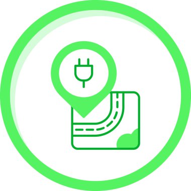 Beyaz arka planda yeşil çizgi elektrikli araba simgesi izole edildi. Araba şarj. Eko teknolojileri. Yeşil daire düğmesi. vektör illüstrasyonu