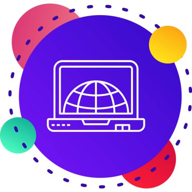 Beyaz arkaplanda dünya küresi simgesine sahip bir dizüstü bilgisayar var. Dünya Toprak Küresi. global internet. Renkli taslak konsepti. vektör