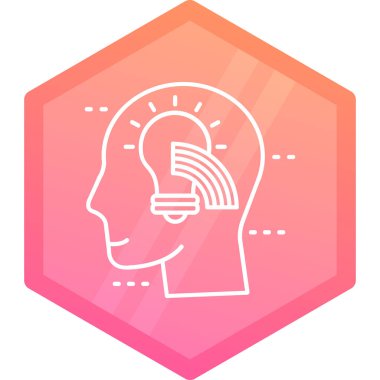 Beyaz arka planda izole edilmiş beyin ikonu olan beyaz çizgi başı. Yapay zeka. İnsan beyni, beyin. Yapay zeka sembolü. Pembe altıgen düğmesi.