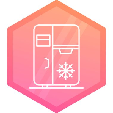 Beyaz arkaplanda izole edilmiş beyaz buzdolabı simgesi. Buzdolabı buzdolabı. Ev aletleri ve aletler. Pembe altıgen düğmesi. vektör illüstrasyonu