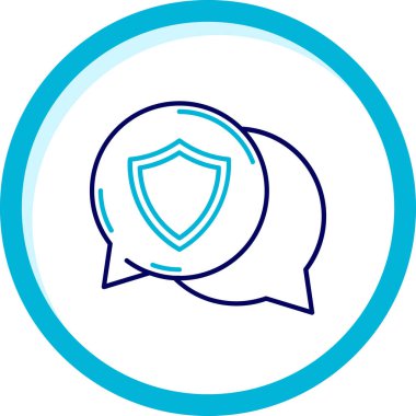 Beyaz arkaplanda mavi çizgi konuşma kabarcığı ikonu izole edildi. Sigorta konsepti. Güvenlik, güvenlik, koruma, konsept koruma. mavi daire rastgele noktalar.