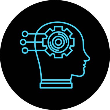 Yapay zeka vektör simgesi. Bu düz yuvarlak sembol mavi ve beyaz renkler kullanır ve siyah bir arkaplanda izole edilir