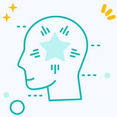 Beyaz arka planda yıldız ikonu olan çizgi insan kafası. Mutlu favori sembolü. Beynin favori sembolü. Renkli taslak konsepti. vektör.